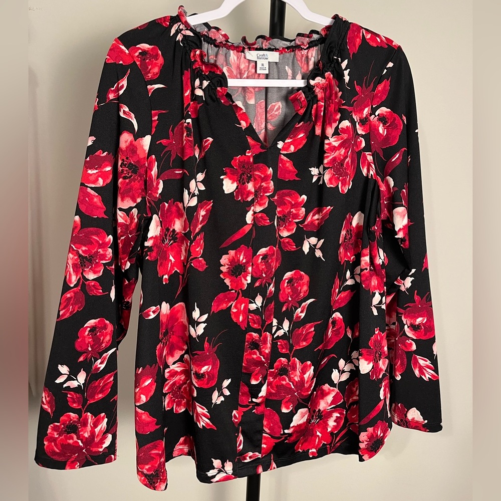 Croft & Barrow Black Blouse with Red Floral Design